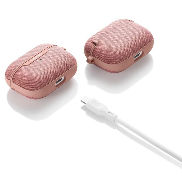 Bluetooth fülhallgató töltőtok tartó, műanyag tok, textil bevonat, vezeték nélküli töltés támogatás, karabiner, Apple AirPods Pro kompatibilis, Spigen Urban Fit, vörösarany