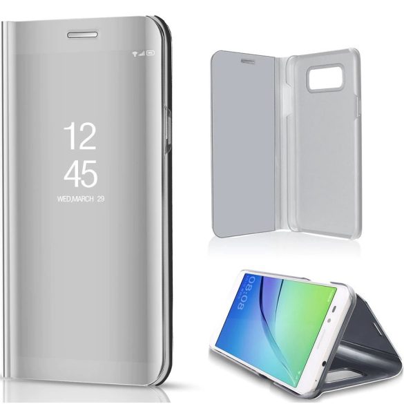 Xiaomi Redmi Note 10 / Note 10S / Poco M5s, Oldalra nyíló tok, hívás mutatóval, Smart View Cover, ezüst (utángyártott)