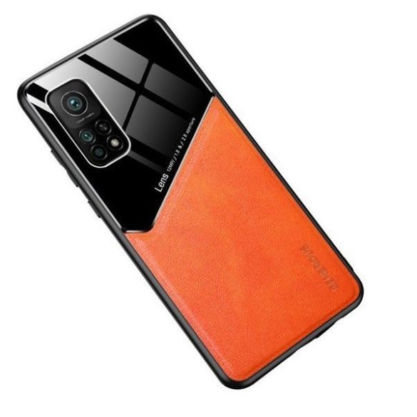 Apple iPhone 11 Pro Max, Szilikon tok, bőr és plexi hátlap, közepesen ütésálló, mágneses tartóval kompatibilis, Wooze Texture, narancssárga