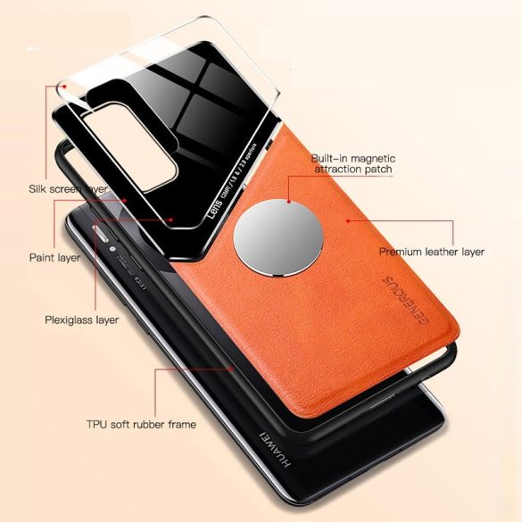 Apple iPhone 11 Pro Max, Szilikon tok, bőr és plexi hátlap, közepesen ütésálló, mágneses tartóval kompatibilis, Wooze Texture, narancssárga