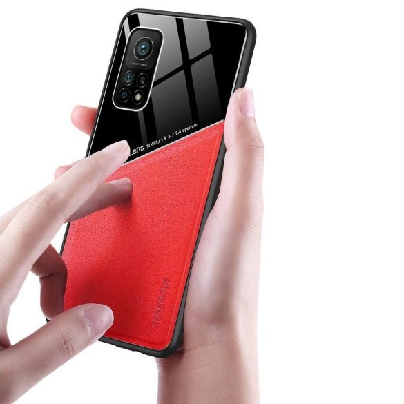 Huawei Honor 9A, Szilikon tok, bőr és plexi hátlap, közepesen ütésálló, mágneses tartóval kompatibilis, Wooze Texture, piros