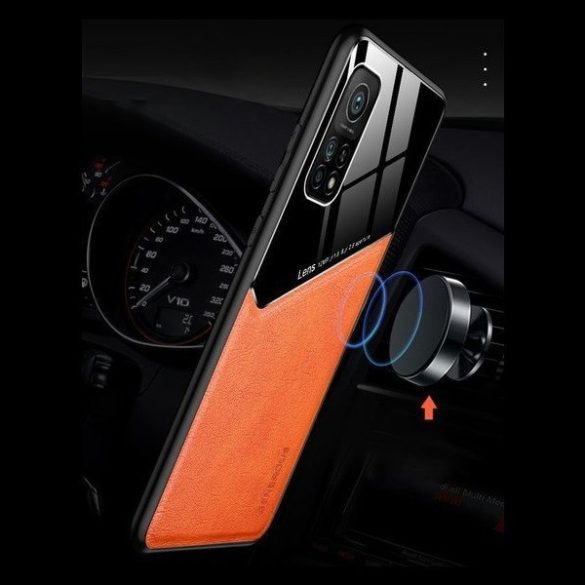 Huawei Mate 40 Pro Plus, Szilikon tok, bőr és plexi hátlap, közepesen ütésálló, mágneses tartóval kompatibilis, Wooze Texture, narancssárga