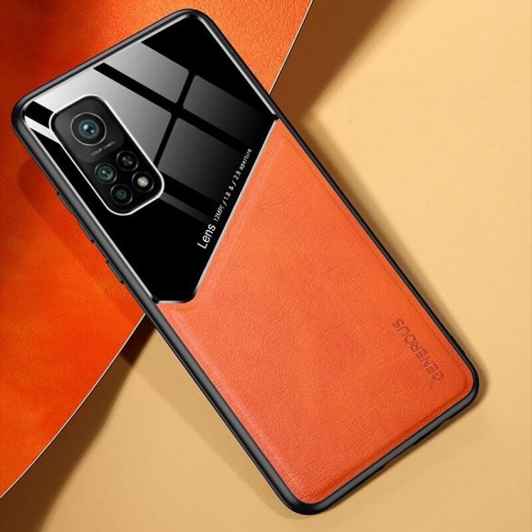 Samsung Galaxy A51 5G SM-A516F, Szilikon tok, bőr és plexi hátlap, közepesen ütésálló, mágneses tartóval kompatibilis, Wooze Texture, narancssárga