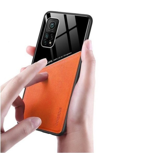 Samsung Galaxy M21 SM-M215F, Szilikon tok, bőr és plexi hátlap, közepesen ütésálló, mágneses tartóval kompatibilis, Wooze Texture, narancssárga