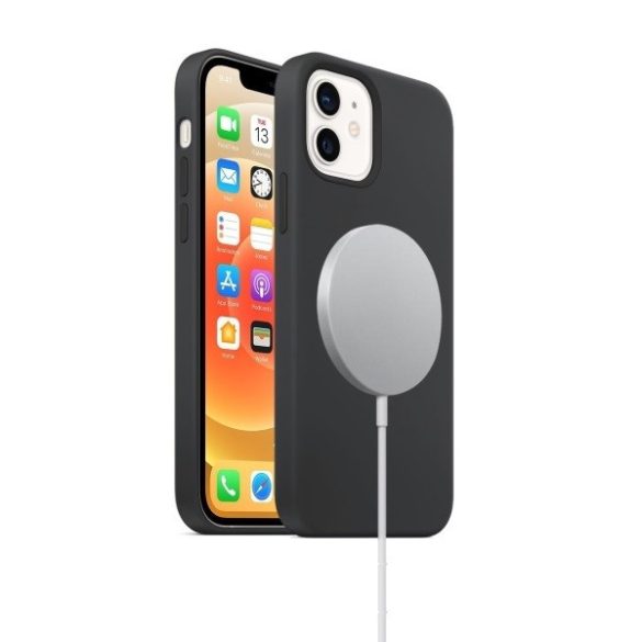 Apple iPhone 12, Szilikon tok, mágnes gyűrűvel, MagSafe töltővel kompatibilis, Wooze Magsafe Case, fekete