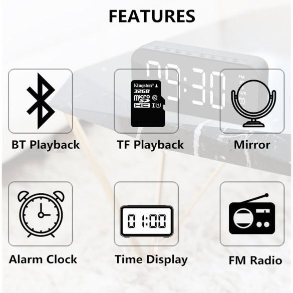 Rádiós hangszóró és ébresztőóra, bluetooth v5.0, LED kijelző, microSD kártyaolvasó, fm rádió, 3.5mm, Wooze Sunrise, fekete