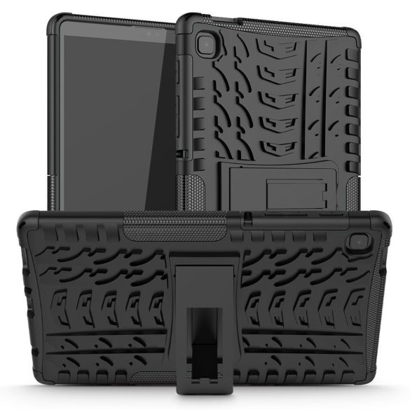 Samsung Galaxy Tab A7 Lite 8.7 SM-T220 / T225, Műanyag hátlap védőtok, Defender, kitámasztóval és szilikon belsővel, autógumi minta, fekete