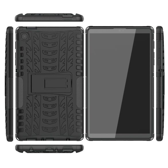 Samsung Galaxy Tab A7 Lite 8.7 SM-T220 / T225, Műanyag hátlap védőtok, Defender, kitámasztóval és szilikon belsővel, autógumi minta, fekete