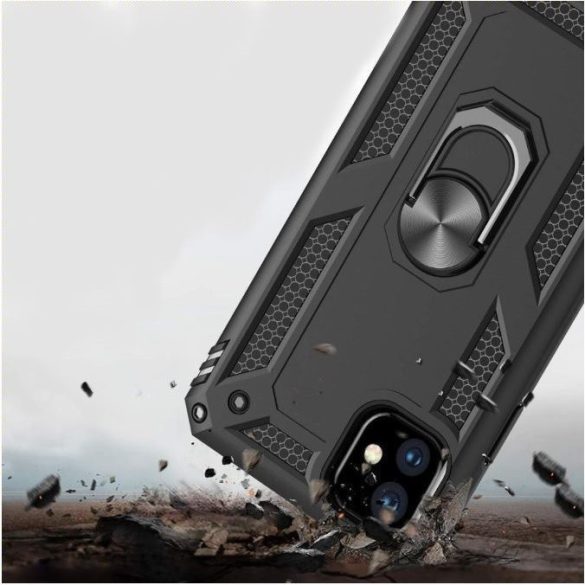 Huawei Honor 10X Lite, Műanyag hátlap védőtok, közepesen ütésálló, szilikon belső, telefontartó gyűrű, Defender, fekete