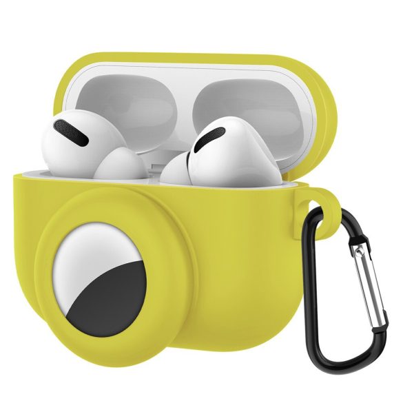 Bluetooth fülhallgató töltőtok tartó, szilikon, karabiner, AirTag tartóval, Apple AirPods Pro kompatibilis, Wooze AirTag Follow AirPods, sárga