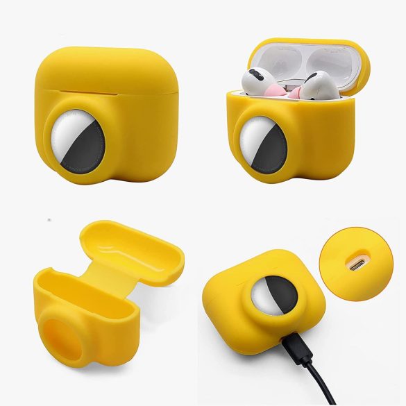 Bluetooth fülhallgató töltőtok tartó, szilikon, karabiner, AirTag tartóval, Apple AirPods Pro kompatibilis, Wooze AirTag Follow AirPods, sárga