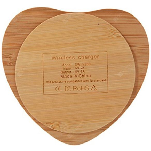 Univerzális vezeték nélküli töltő állomás, Qi Wireless, 10W, fahatású, szív alakú, Wooze Bamboo Qi Wireless Heart Shape, barna