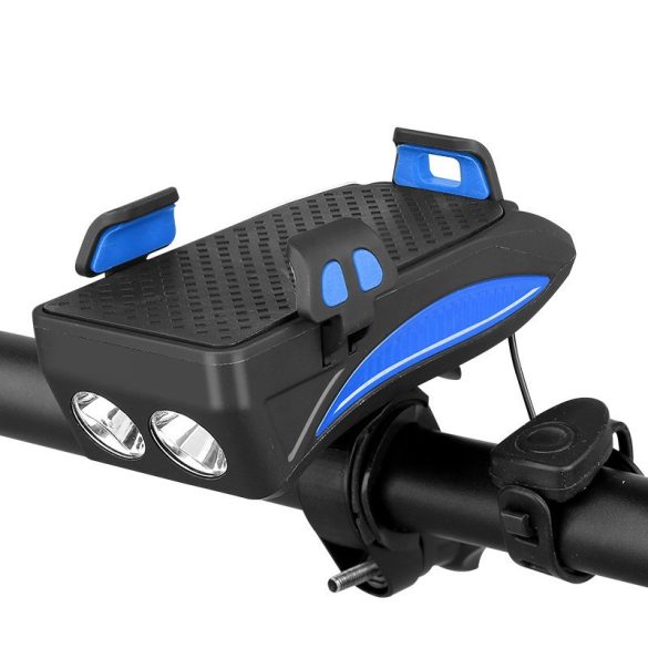 Univerzális kerékpáros / biciklis lámpa + duda + telefon tartó + külső akkumulátor, kormányra szerelhető, 4 - 6.5" - os készülékhez, 4800 mAh, vízálló, Wooze Light in Night, kék