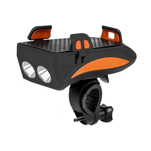 Univerzális kerékpáros / biciklis lámpa + duda + telefon tartó + külső akkumulátor, kormányra szerelhető, 4 - 6.5" - os készülékhez, 4800 mAh, vízálló, Wooze Light in Night, narancssárga