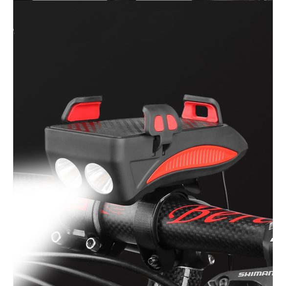 Univerzális kerékpáros / biciklis lámpa + duda + telefon tartó + külső akkumulátor, kormányra szerelhető, 4 - 6.5" - os készülékhez, 4800 mAh, vízálló, Wooze Light in Night, piros