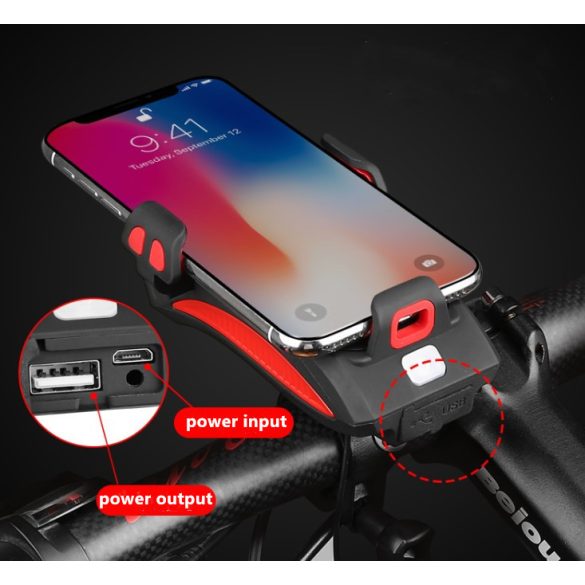 Univerzális kerékpáros / biciklis lámpa + duda + telefon tartó + külső akkumulátor, kormányra szerelhető, 4 - 6.5" - os készülékhez, 4800 mAh, vízálló, Wooze Light in Night, piros