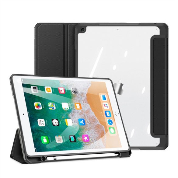 Apple iPad 9.7 (2017 / 2018), mappa tok, Smart Case, légpárnás sarok, közepesen ütésálló, Apple Pencil tartóval, átlátszó hátlap, Dux Ducis Toby, fekete