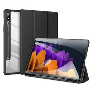 Samsung Galaxy Tab S7 11.0 / Tab S8 11.0, mappa tok, Trifold, légpárnás sarok, közepesen ütésálló, S-Pen tartóval, átlátszó hátlap, Dux Ducis Toby, fekete