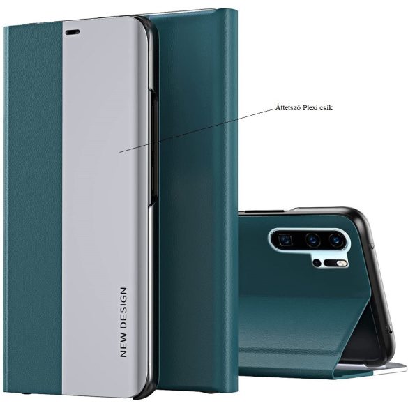 Huawei P30, Oldalra nyíló tok, stand, Wooze Silver Line, sötétzöld