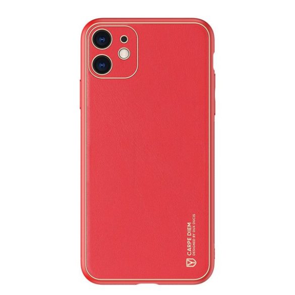 Apple iPhone 11, Műanyag hátlap védőtok + szilikon fémhatású keret, közepesen ütésálló, bőrhatású hátlap, Dux Ducis Yolo, piros