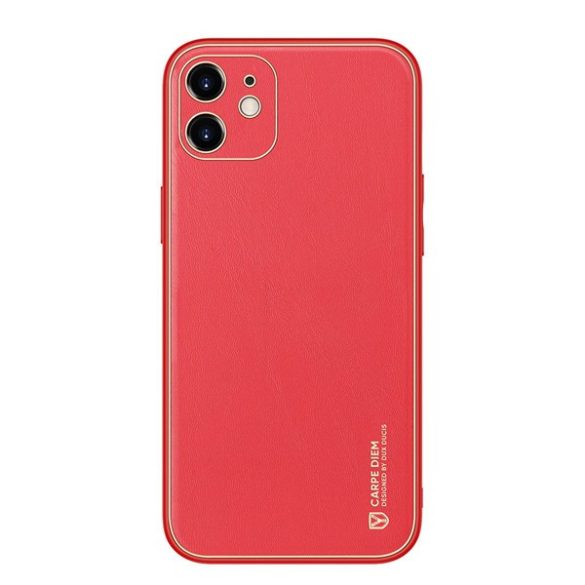 Apple iPhone 12 / 12 Pro, Műanyag hátlap védőtok + szilikon fémhatású keret, közepesen ütésálló, bőrhatású hátlap, Dux Ducis Yolo, piros