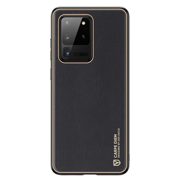 Samsung Galaxy S20 Ultra 5G SM-G988, Műanyag hátlap védőtok + szilikon fémhatású keret, közepesen ütésálló, bőrhatású hátlap, Dux Ducis Yolo, fekete