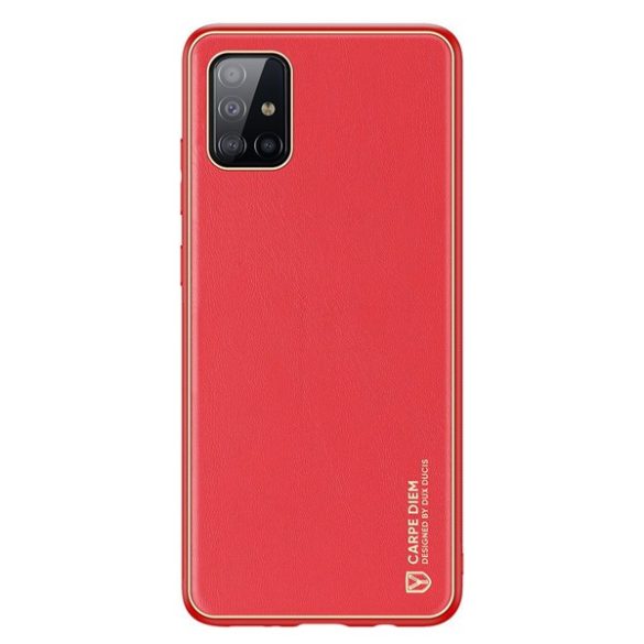 Samsung Galaxy A51 SM-A515F, Műanyag hátlap védőtok + szilikon fémhatású keret, közepesen ütésálló, bőrhatású hátlap, Dux Ducis Yolo, piros