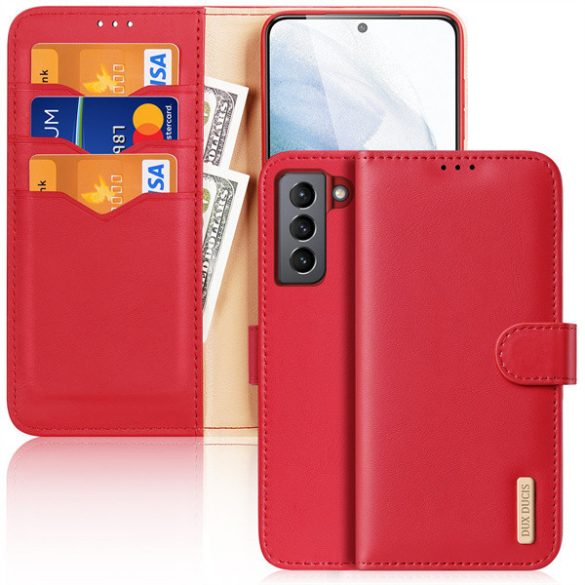 Samsung Galaxy S21 FE 5G SM-G990, Oldalra nyíló tok, valódi bőrtok, stand, csatos, Dux Ducis Hivo, piros
