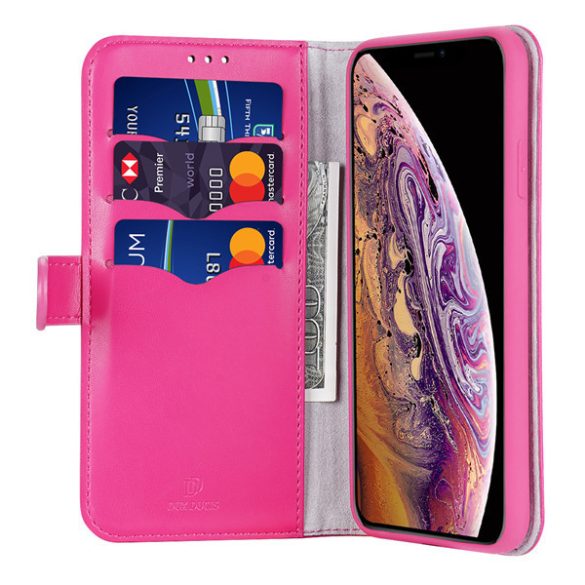 Apple iPhone XS Max, Oldalra nyíló tok, bőrhatású, stand, csatos, Dux Ducis Kado, rózsaszín