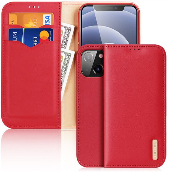 Apple iPhone 13 Mini, Oldalra nyíló tok, valódi bőrtok, stand, Dux Ducis Hivo, piros