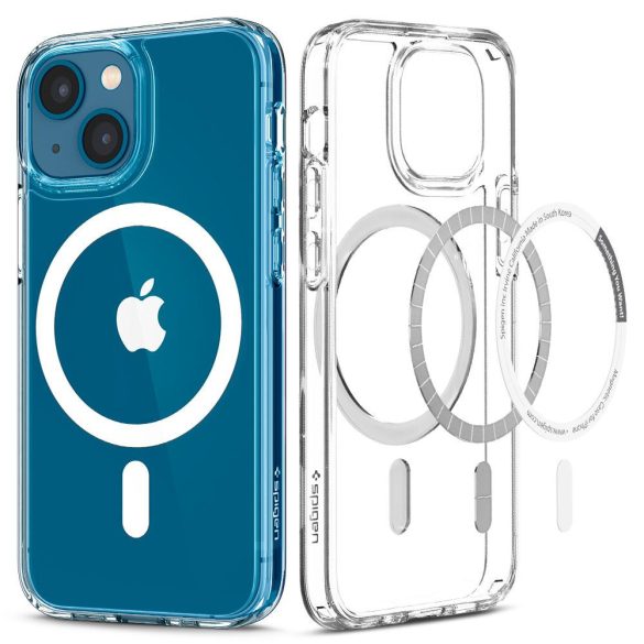 Apple iPhone 13 Mini, Műanyag hátlap védőtok + szilikon keret, Magsafe töltővel kompatibilis, Spigen Ultra Hybrid Mag, átlátszó/fehér