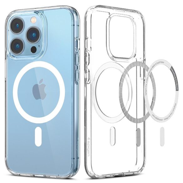 Apple iPhone 13 Pro, Műanyag hátlap védőtok + szilikon keret, Magsafe töltővel kompatibilis, Spigen Ultra Hybrid Mag, átlátszó/fehér