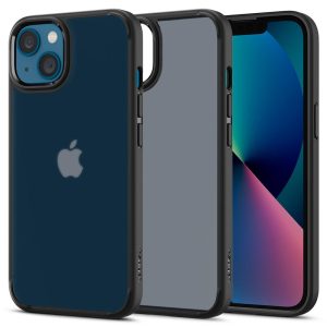 Apple iPhone 13, Műanyag hátlap védőtok + szilikon keret, Spigen Ultra Hybrid Matte, áttetsző/fekete