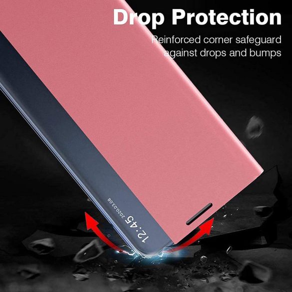 Apple iPhone 12 Pro Max, Oldalra nyíló tok, stand, hívás mutatóval, vékony csíkban, Wooze Look Inside, rózsaszín