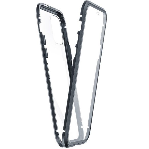 Apple iPhone 13 Pro Max, Alumínium mágneses védőkeret, elő- és hátlapi üveggel, Magnetic Full Glass, átlátszó/fekete