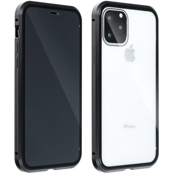 Apple iPhone 13 Pro, Alumínium mágneses védőkeret, elő- és hátlapi üveggel, Magnetic Full Glass, átlátszó/fekete