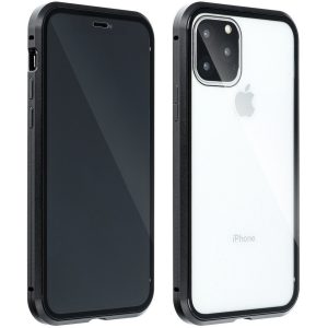 Apple iPhone 13, Alumínium mágneses védőkeret, elő- és hátlapi üveggel, Magnetic Full Glass, átlátszó/fekete