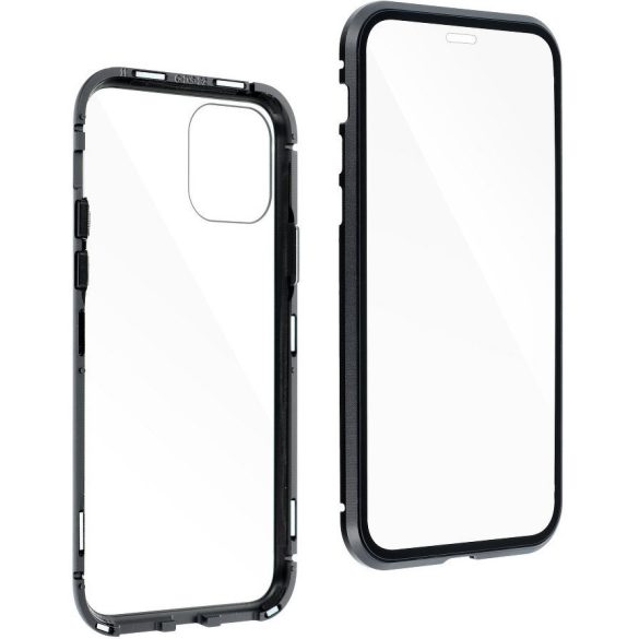 Apple iPhone 13, Alumínium mágneses védőkeret, elő- és hátlapi üveggel, Magnetic Full Glass, átlátszó/fekete