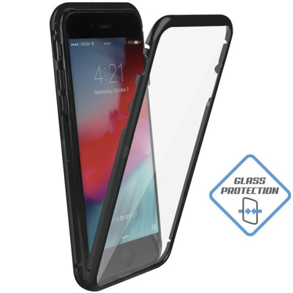 Apple iPhone 13, Alumínium mágneses védőkeret, elő- és hátlapi üveggel, Magnetic Full Glass, átlátszó/fekete
