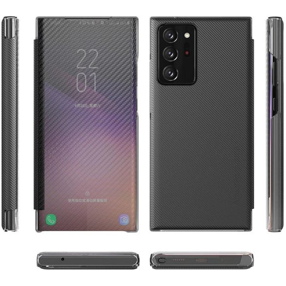 Huawei Honor 30, Oldalra nyíló tok, stand, hívás mutatóval, kevlár minta, Wooze Smart View Cover Carbon, fekete