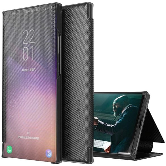 Samsung Galaxy A42 5G / M42 5G SM-A426B / M426B, Oldalra nyíló tok, stand, hívás mutatóval, kevlár minta, Wooze Smart View Cover Carbon, fekete