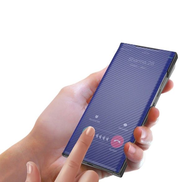 Samsung Galaxy M31 SM-M315F, Oldalra nyíló tok, stand, hívás mutatóval, kevlár minta, Wooze Smart View Cover Carbon, fekete
