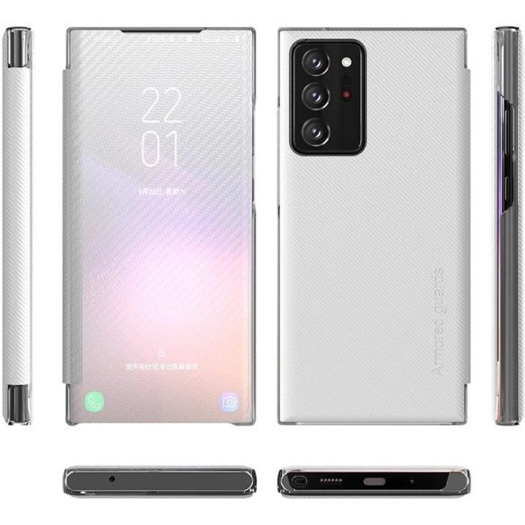 Samsung Galaxy A22 4G SM-A225F, Oldalra nyíló tok, stand, hívás mutatóval, kevlár minta, Wooze Smart View Cover Carbon, fehér