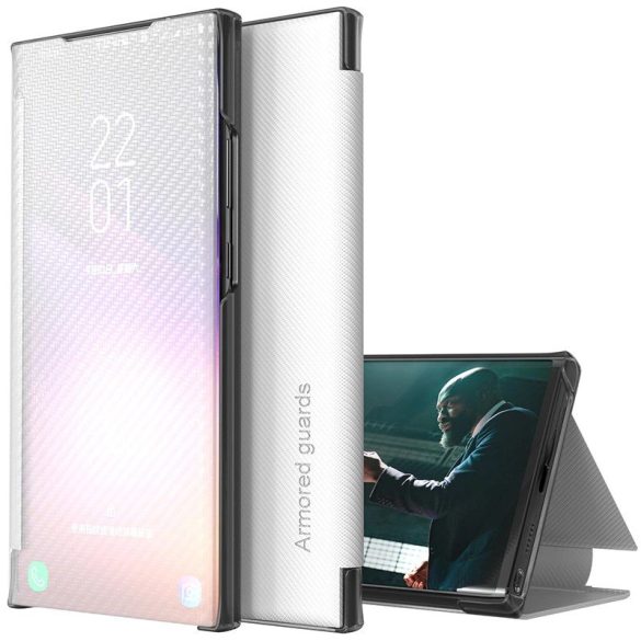 Samsung Galaxy M21 SM-M215F, Oldalra nyíló tok, stand, hívás mutatóval, kevlár minta, Wooze Smart View Cover Carbon, fehér