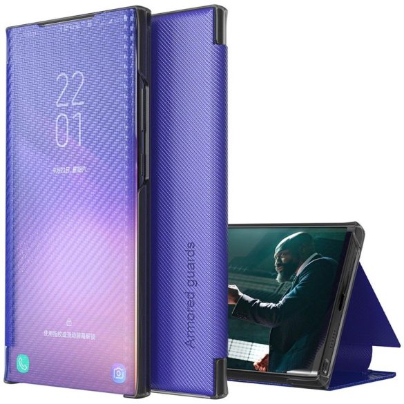Samsung Galaxy M21 SM-M215F, Oldalra nyíló tok, stand, hívás mutatóval, kevlár minta, Wooze Smart View Cover Carbon, kék