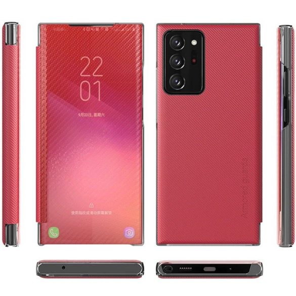 Samsung Galaxy A02 SM-A022F, Oldalra nyíló tok, stand, hívás mutatóval, kevlár minta, Wooze Smart View Cover Carbon, piros