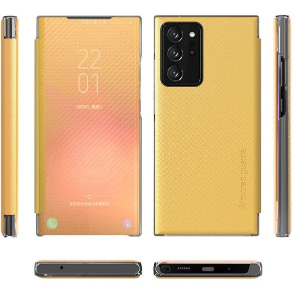 Huawei Honor 30, Oldalra nyíló tok, stand, hívás mutatóval, kevlár minta, Wooze Smart View Cover Carbon, sárga