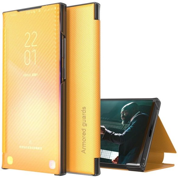 Samsung Galaxy A02 SM-A022F, Oldalra nyíló tok, stand, hívás mutatóval, kevlár minta, Wooze Smart View Cover Carbon, sárga