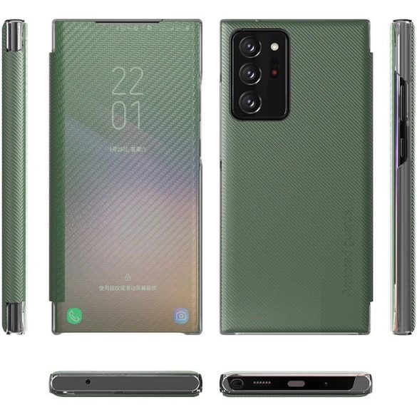 Huawei Honor 30, Oldalra nyíló tok, stand, hívás mutatóval, kevlár minta, Wooze Smart View Cover Carbon, zöld