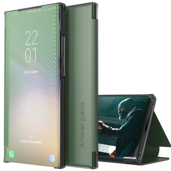 Samsung Galaxy A02 SM-A022F, Oldalra nyíló tok, stand, hívás mutatóval, kevlár minta, Wooze Smart View Cover Carbon, zöld
